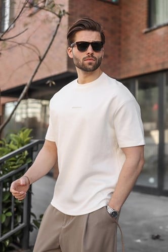 Ekru Bisiklet Yaka Oversize Erkek Tişört E7176