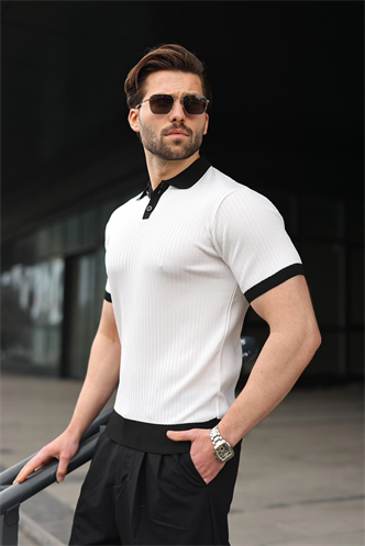 Beyaz Polo Yaka Triko Erkek Tişört E7471