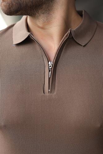 Açık Kahverengi Yarım Fermuarlı Polo Yaka Triko Erkek Tişört E7459