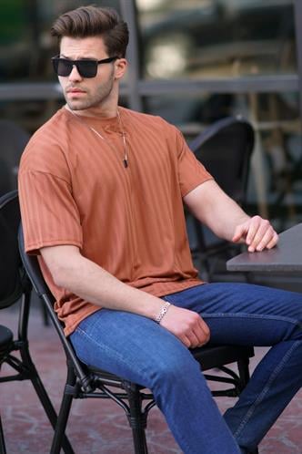 Kiremit Erkek Çizgili Oversize Tişört 6198