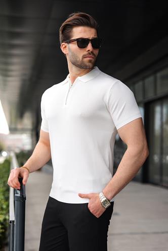 Beyaz Yarım Fermuarlı Polo Yaka Triko Erkek Tişört E7459