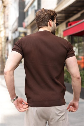 Kahverengi Bisiklet Yaka Fitilli Erkek Tişört E7474