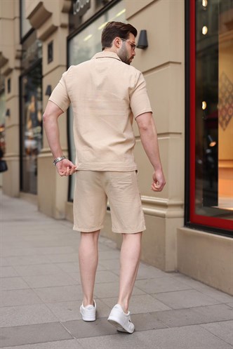 Bej %100 Pamuklu Erkek Şort Gömlek Takım E7361