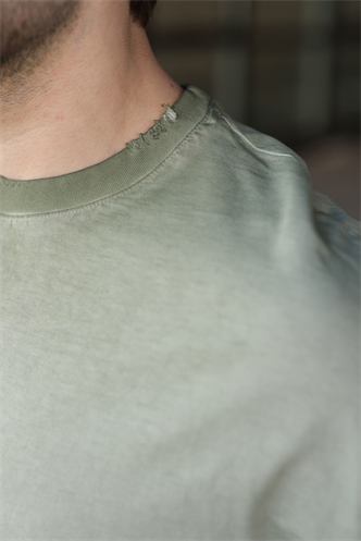 Haki %100 Pamuklu Bisiklet Yaka Oversize Erkek Tişört E7177