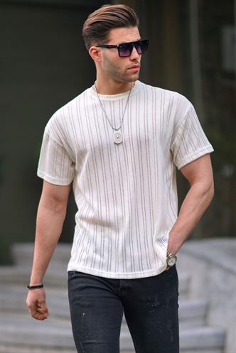 Ekru Oversize Bisiklet Yaka Erkek Tişört 6179