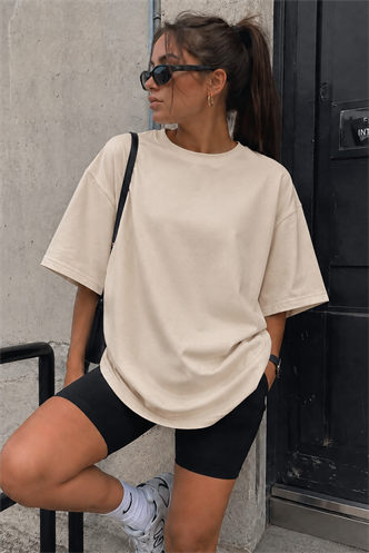 Bej Oversize Basic Kadın Tişört