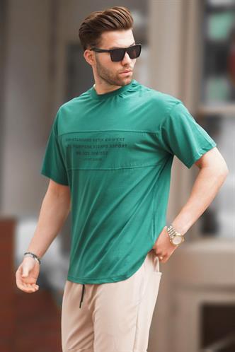 Koyu Yeşil Oversize Bisiklet Yaka Baskılı Erkek Tişört 7018