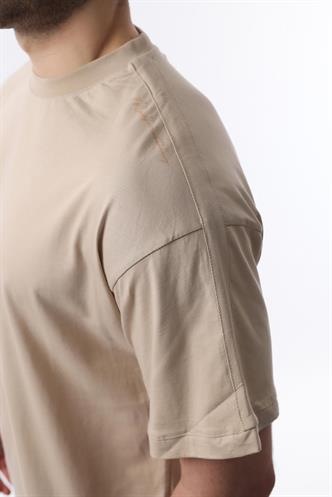 Erkek Vizon Oversize Şerit Detaylı Basic Tişört 7023