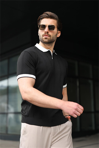 Siyah Polo Yaka Triko Erkek Tişört E7470