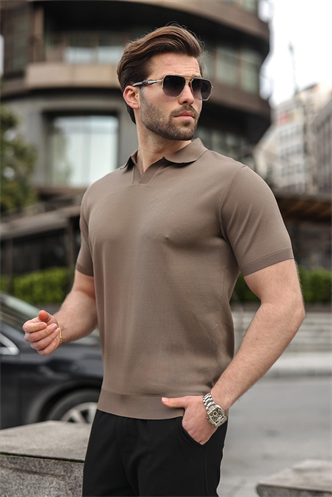 Açık Kahverengi Polo Yaka Triko Kısa Kollu Erkek Tişört E7463