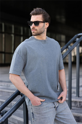 Gri %100 Pamuklu Oversize Erkek Tişört E7178