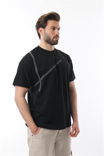 Siyah Bisiklet Yaka Şerit Detaylı Pamuklu Erkek T-shirt E7033
