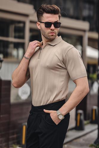 Madmext Erkek Vizon Polo Yaka Fermuarlı Tişört 6355