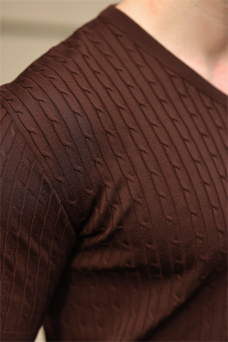 Kahverengi V Yaka Kısa Kollu Triko Erkek Tişört E7467