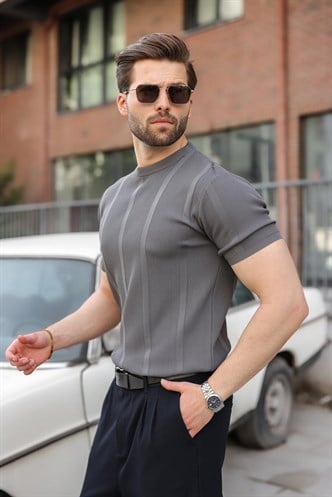 Antrasit Regular Fit Bisiklet Yaka Fitilli Triko Erkek Tişört E7490
