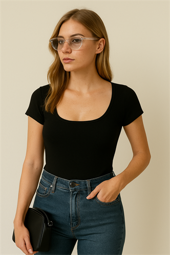 Madmext Siyah Geniş Yaka Kadın T-shirt Mg2341