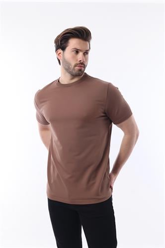 Kahverengi Bisiklet Yaka Basic Kısa Kollu Tişört 7042