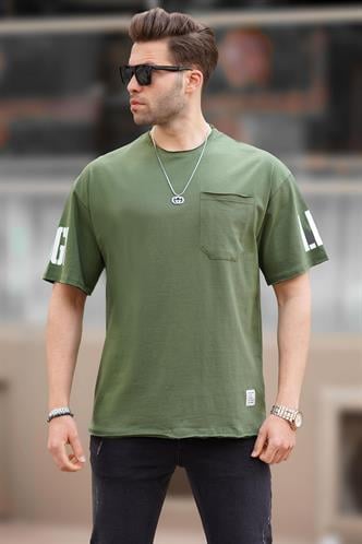 Haki Cep Detaylı Kolu Baskılı Basic Erkek Tişört 7016