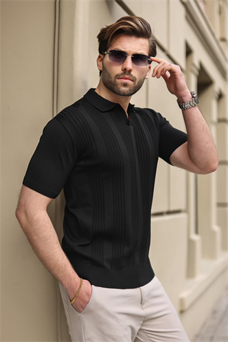 Siyah Polo Yaka Triko Erkek Tişört E7469