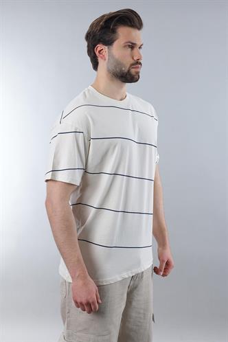 Ekru Bisiklet Yaka Basic Çizgili Erkek T-shirt E7102