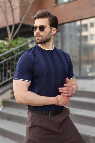 Lacivert Bisiklet Yaka Regular Fit Triko Erkek Tişört E7487
