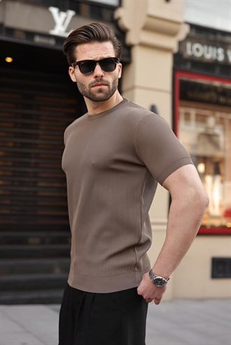 Açık Kahverengi Bisiklet Yaka Fitilli Erkek Tişört E7474