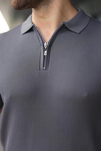 Antrasit Yarım Fermuarlı Polo Yaka Triko Erkek Tişört E7459