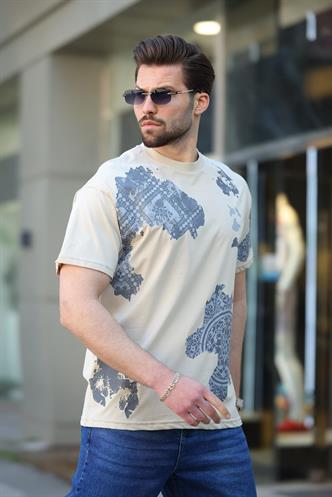 Bej %100 Pamuklu Desenli Erkek Tişört E7142