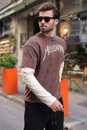 Acı Kahve Baskılı Batik Desen Erkek Tişört E7194
