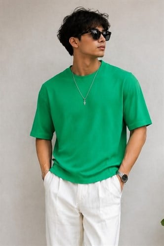 Erkek Parlak Yeşil Oversize Fit Basic Tişört 6066