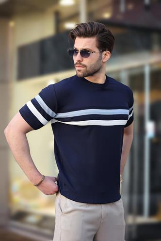 Madmext Lacivert Bisiklet Yaka Çizgili Erkek T-shirt E7412