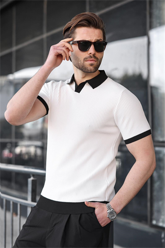 Beyaz Polo Yaka Triko Erkek Tişört E7464