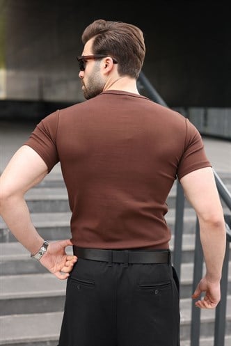 Acı Kahverengi Yarım Düğmeli Slim Fit Erkek Tişört E7186