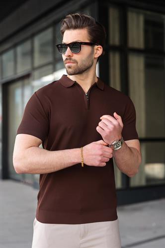 Kahverengi Yarım Fermuarlı Polo Yaka Triko Erkek Tişört E7459