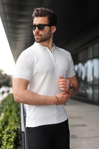 Beyaz Yarım Fermuarlı Polo Yaka Triko Erkek Tişört E7459