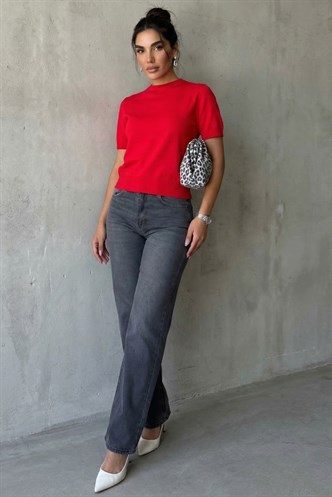 Kırmızı Bisiklet Yaka Kadın Triko Tişört MG2703