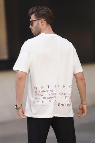 Ekru Overfit Bisiklet Yaka Sırt Baskılı Kısa Kollu Erkek Tişört 7037