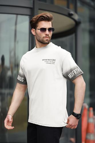 Ekru %100 Pamuklu Baskılı Erkek Tişört E7143