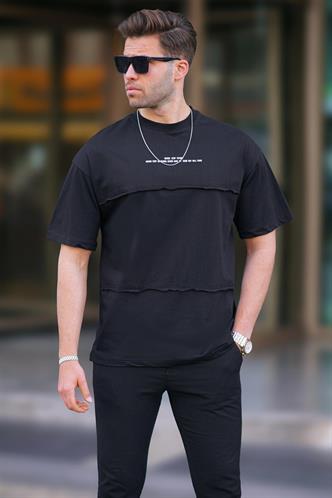 Siyah Oversize Baskılı Bisiklet Yaka Tişört 7017