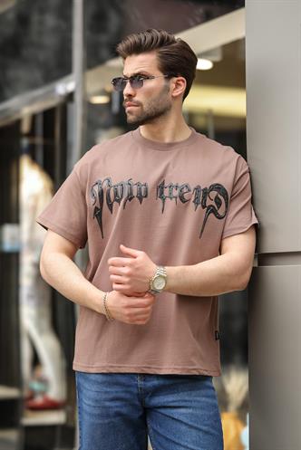 Kahverengi Baskılı %100 Pamuk Erkek T-shirt E7141