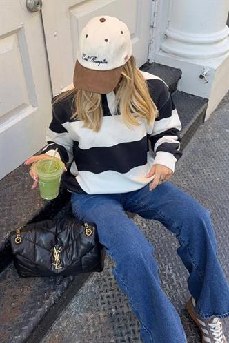 Beyaz Çizgili Düğmeli Polo Yaka Kadın Uzun Kollu Tişört  MG2586