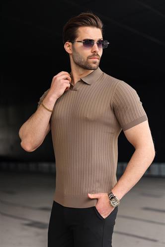 Açık Kahverengi Polo Yaka Triko Erkek Tişört E7461
