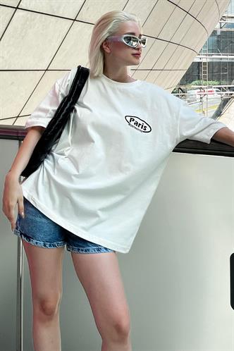 Ekru Oversize Sırt Baskılı Bisiklet Yaka Kısa Kollu Tişört MG2127