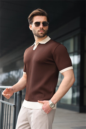 Kahverengi Polo Yaka Triko Erkek Tişört E7471