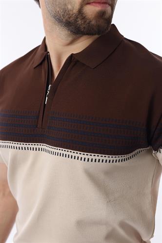 Kahverengi Fermuarlı Polo Yaka Desenli Erkek T-shirt E7296