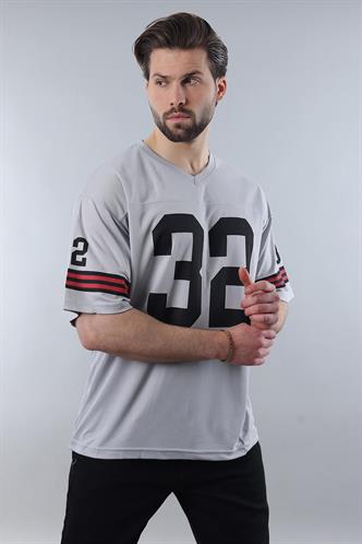 Boyalı Gri Baskılı V Yaka Erkek Tişört E5838