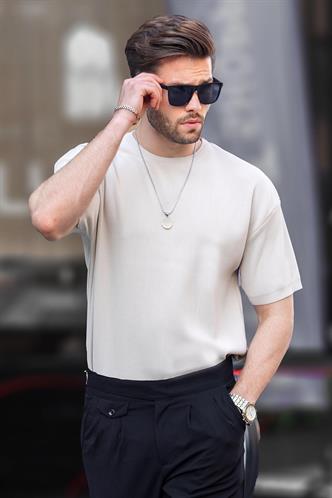 Bej Bisiklet Yaka Kısa Kollu Triko Erkek Tişört 6899