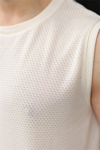 Ekru Bisiklet Yaka Jakarlı Kolsuz Erkek Tişört E7180