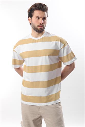 Bej Oversize Renk Bloklu Bisiklet Yaka Kısa Kollu Tişört 7030