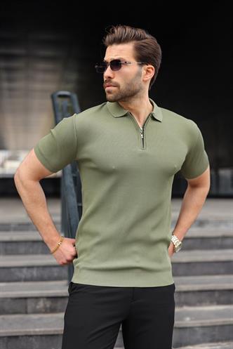 Haki Yarım Fermuarlı Polo Yaka Triko Erkek Tişört E7459
